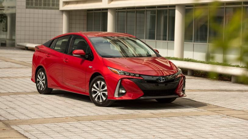 This undated photo from Toyota shows the 2021 Prius Prime, a plug-in hybrid with about 25 miles of electric range. (Courtesy of Toyota via AP)