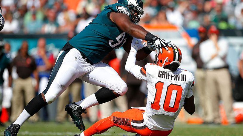 PHILADELPHIA, PA - SEPTEMBER 11: Fletcher Cox #91 of the Philadelphia Eagles sacks quarterback Robert Griffin III #10 of the Cleveland Browns during the third quarter at Lincoln Financial Field on September 11, 2016 in Philadelphia, Pennsylvania. The Eagles defeated the Browns 29-10. (Photo by Rich Schultz/Getty Images)
