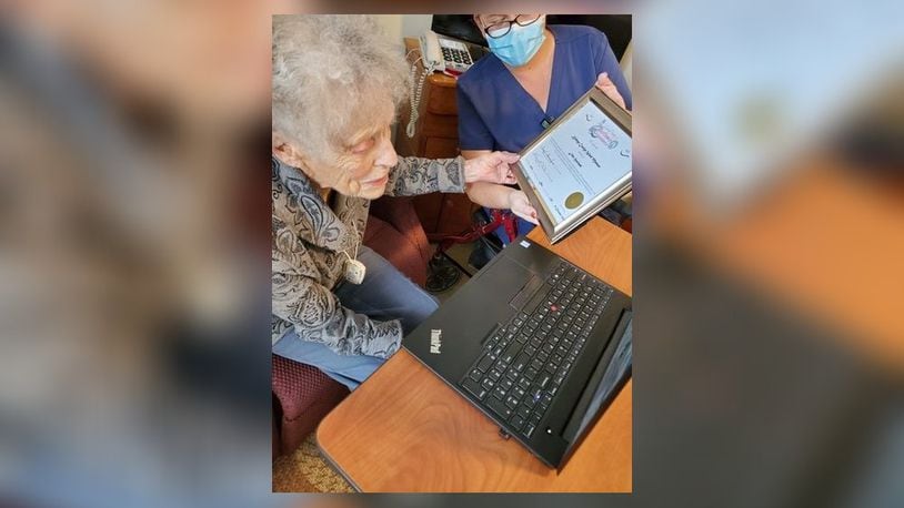 Chesterwood Village assisted living resident Kay Matson was surprised last week by a Zoom internet teleconference from members of the Mayflower Society and her family with the news she is a direct descendant from a passenger of the pilgrims ship the Mayflower.(Provided Photo/Journal-News)