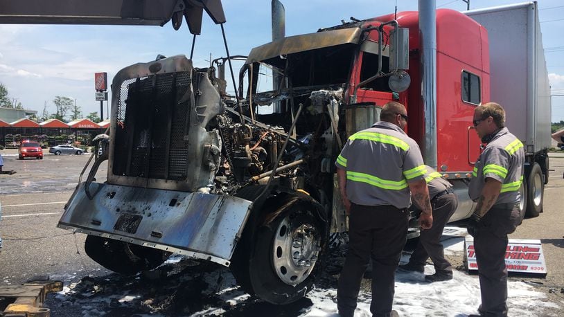 A large semi truck fire next to Home Depot in Fairfield Twp. closed part of a road on Thursday, June 27, 2019. MICHAEL D. PITMAN / STAFF