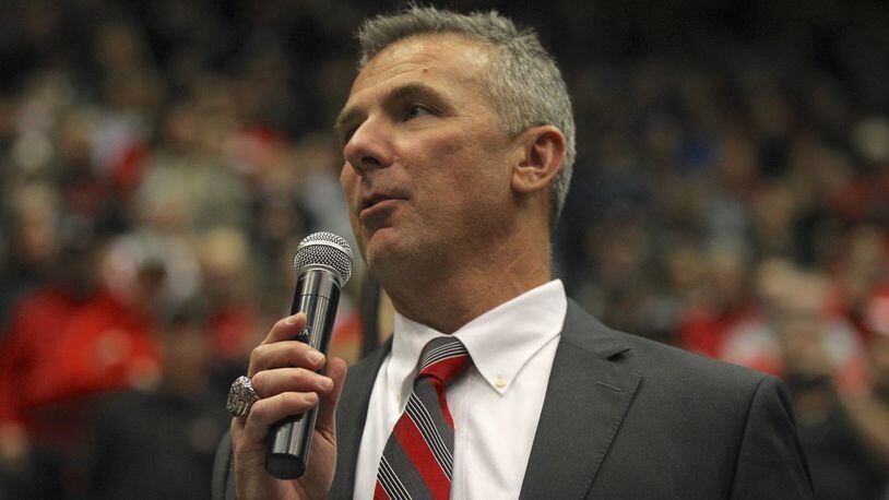 Ohio State’s Urban Meyer speaks at the Skull Session at St. John Arena before a game against Penn State on Saturday, Oct. 28, 2017, in Columbus. David Jablonski/Staff