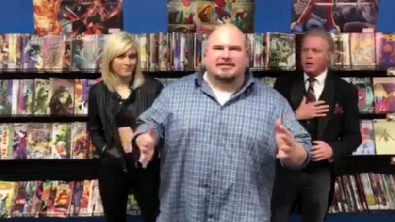 Future Great Wrestling owner Brian LeVick, center, with a wrestler and the organization’s announcer in a promotional video for the Friday-evening events, which they hope can begin in January. PROVIDED