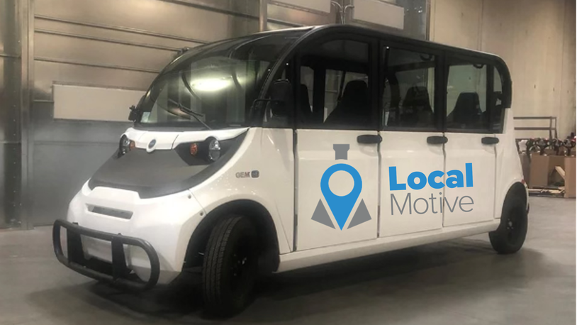LocalMotive, a Hamilton-based free urban core shuttle, has been delayed due to supply and funding challenges, but hopes to launch if the city approves a $90,000 loan from the Commercial Revolving Loan Fund. Pictured is a mocked-up GEM e6 electric vehicle. Advertising revenues would fund the free service. PROVIDED