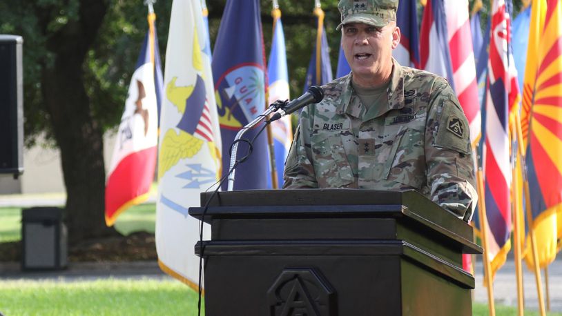 Maj. Gen. David P. Glaser, a Cincinnati native, is the deputy commanding general-operations for the U.S. Army North (Fifth Army). Army North serves as the Joint Forces Land Component Command for all federal ground troops in the United States operating as part of the DOD’s COVID-19 response. Pictured is Glaser speaking during his welcome ceremony at the Quadrangle on Fort Sam Houston on July 23, 2019, when he took over as the Army North’s deputy commanding general-operations. (U.S. Army photo by Sgt. Andrew S. Valles)