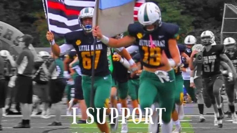 This picture was posted by Warren County Prosecutor David Fornshell with a statement of support for two Little Miami football players suspended for carrying Blue Lives Matter flag onto the field before a recent game. (File Photo\Journal-News)