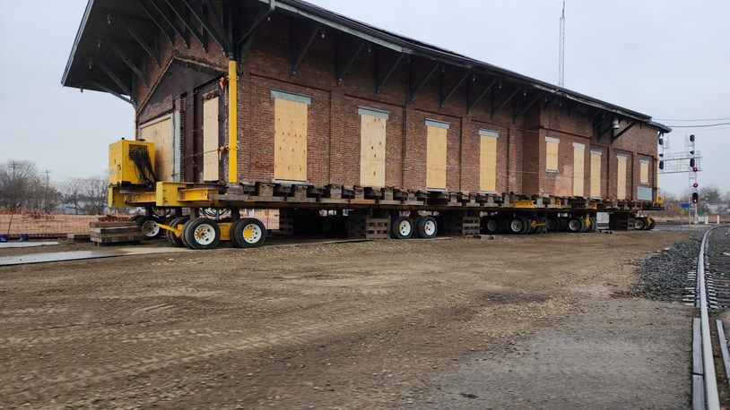 The second of two buildings that was once a train depot owned by CSX is ready to be moved to its new location at the corner of Maple Avenue and MLK Jr. Boulevard. The is scheduled to be moved at 9 a.m. on Tuesday, Jan. 17, 2023. The first building, a 220-ton two-story building, was moved a month earlier. NICK GRAHAM/STAFF