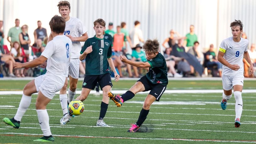 Badin's Nick Warner takes a shot during their soccer game against Landmark Christian on the turf field at Spooky Nook Sports Champion Mill Thursday, Aug. 25, 2022 in Hamilton. Badin won 1-0 in the first sporting events held at Spooky Nook in Hamilton. NICK GRAHAM/STAFF