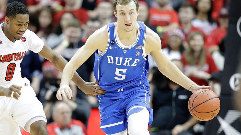 LOUISVILLE, KY - JANUARY 14: Luke Kennard#5 of the Duke Blue Devils dribbles the ball during the game against the Louisville Cardinals at KFC YUM! Center on January 14, 2017 in Louisville, Kentucky. (Photo by Andy Lyons/Getty Images)