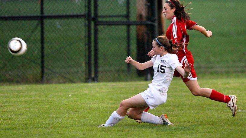 Lakota East’s Rianna Reese (15) clears the ball away from Fairfield’s Lauren Hoover during a game Sept. 20, 2011, at Hopewell Soccer Stadium. JOURNAL-NEWS FILE PHOTO