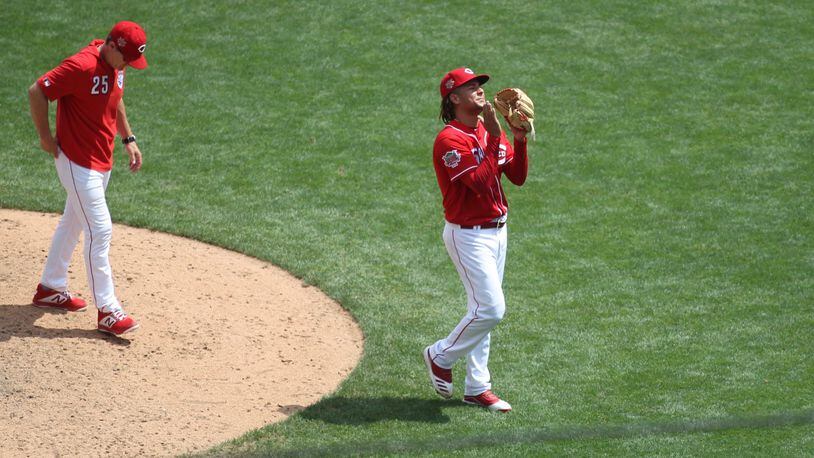 Reds starter Luis Castillo leaves the mound in the eighth inning during a game against the Pirates on Wednesday, July 31, 2019, at Great American Ball Park in Cincinnati.