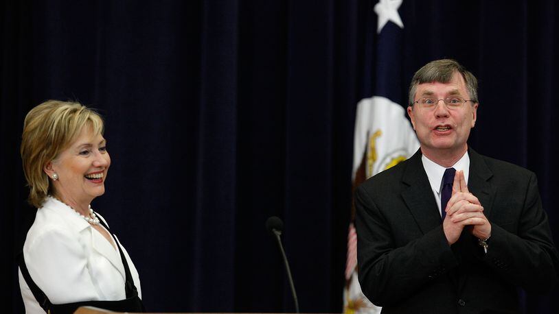 Secretary of State Hillary Clinton (L) and Patrick Kennedy (R) under secretary for managment State Department, participate in a town hall meeting at the State Department July 10, 2009 in Washington, DC. (Photo by Mark Wilson/Getty Images)