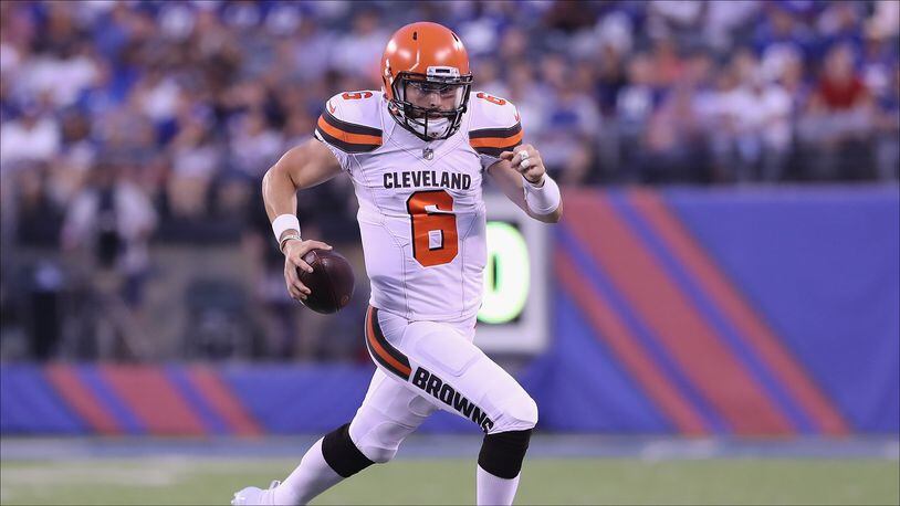 EAST RUTHERFORD, NJ - AUGUST 09:  Baker Mayfield #6 of the Cleveland Browns carries the ball in the second quarter against the New York Giants during their preseason game on August 9,2018 at MetLife Stadium in East Rutherford, New Jersey.  (Photo by Elsa/Getty Images)