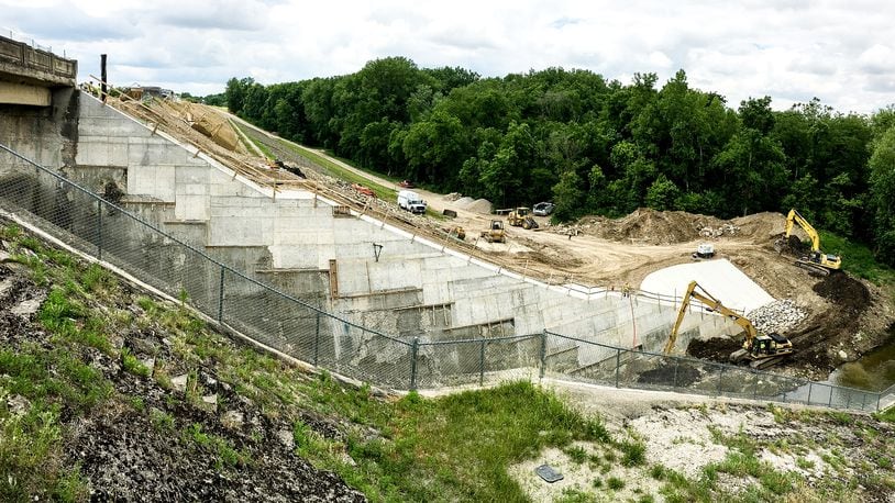 A Miami Conservancy District contractor replaced 15 vertical feet of deteriorating concrete with new on a spillway wall at Lockington Dam in southern Shelby County. MIAMI CONSERVANCY DISTRICT