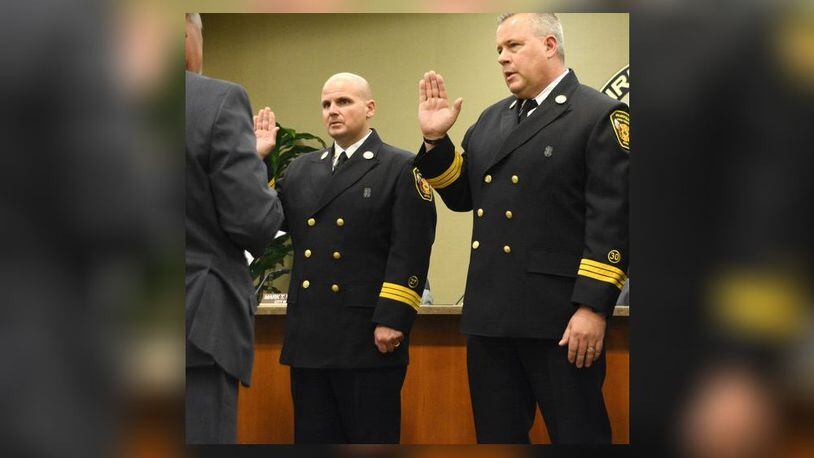 Pictured is an Oct. 11, 2017, file photo of Fairfield deputy fire chiefs Randy McCreadie, left, and Tom Wagner taking oaths of office when they were promoted to the positions. Both men will have stints serving as acting fire chief and are seeking the permanent position. MICHAEL D. PITMAN/FILE