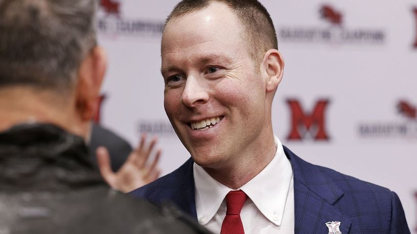 Travis Steele was announced as the new Miami University Redhawks men's basketball coach during a press conference Friday, April 1, 2022 at the Randy Gunlock Family Athletic Center on the Miami University campus in Oxford. NICK GRAHAM/STAFF