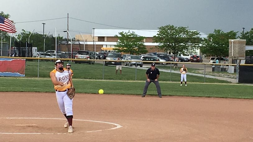 Ross pitcher Kenzie Meyer deals in the circle May 15 during a Division II district semifinal against Badin at Kings. RICK CASSANO/STAFF