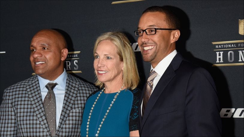 SAN FRANCISCO, CA - FEBRUARY 06:  (L-R) NFL coach Hue Jackson,  Dee Haslam and Sashi Brown attend the 5th Annual NFL Honors at Bill Graham Civic Auditorium on February 6, 2016 in San Francisco, California.  (Photo by Tim Mosenfelder/Getty Images)