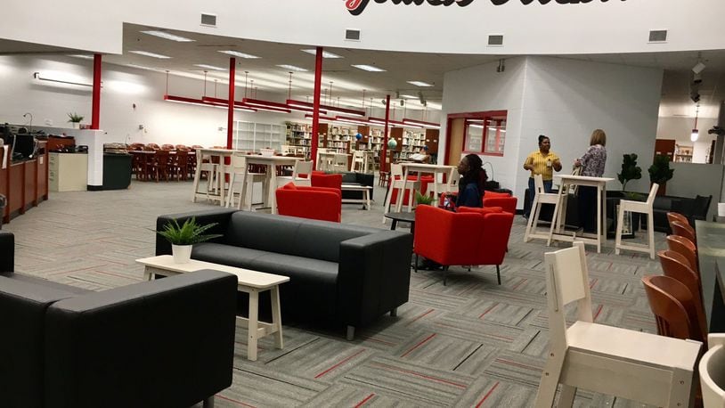 The new look for Lakota West High School’s library and media center has school officials pleased, saying the space now more closely resembles a modern college learning area. Ikea officials say they will donate the same furnishings to Lakota East High School in Liberty Township by August 2018. MICHAEL D. CLARK/STAFF