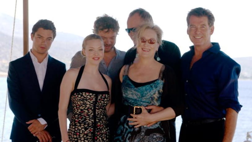 ATHENS, GREECE - JUNE 28:  (L-R) Dominic Cooper, Colin Firth, Amanda Seyfried, Stellan Skarsgard, Meryl Streep and Pierce Brosnan attend a photocall for the movie 'Mamma Mia!' at the Lagonissi Grand Resort on June 28, 2008 in Athens, Greece. (Photo by Milos Bicanski/Getty Images)