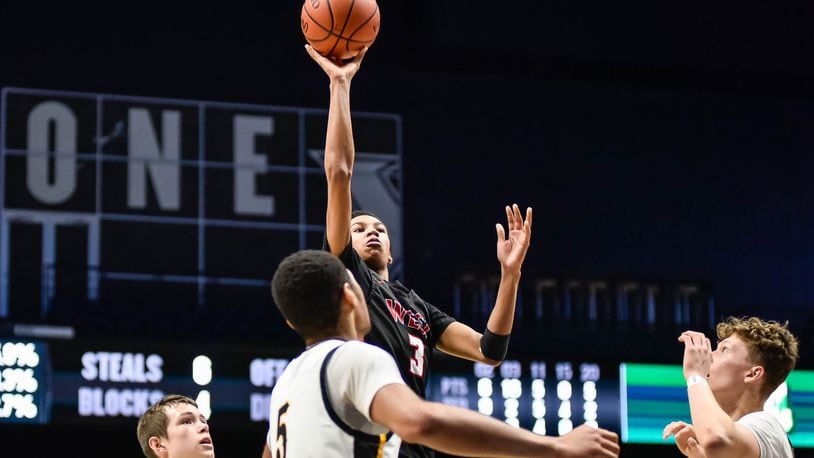 Lakota West’s Julian Mackey puts up a shot during their game against Centerville. Centerville defeated Lakota West 48-40 in their Division I District basketball final Sunday, March 8, 2020 at Xavier University’s Cintas Center. NICK GRAHAM / STAFF