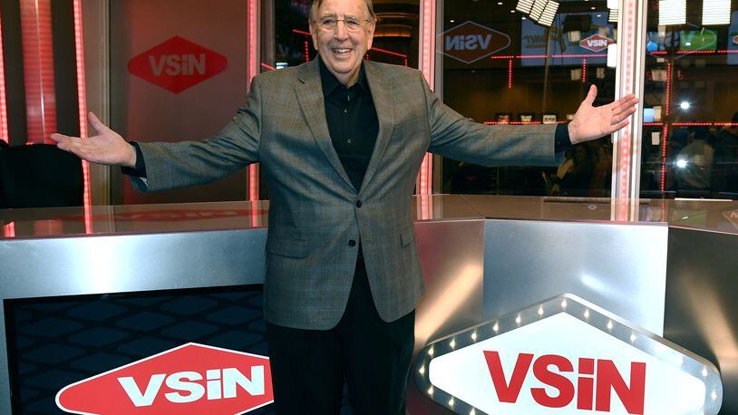 Retired sportscaster and VSiN (Vegas Stats & Information Network) managing editor and lead host Brent Musburger unveils the VSiN broadcasting studio at the South Point Hotel & Casino sports book on February 3, 2017 in Las Vegas, Nevada. VSiN is the first multi-channel network dedicated to sports gambling information.