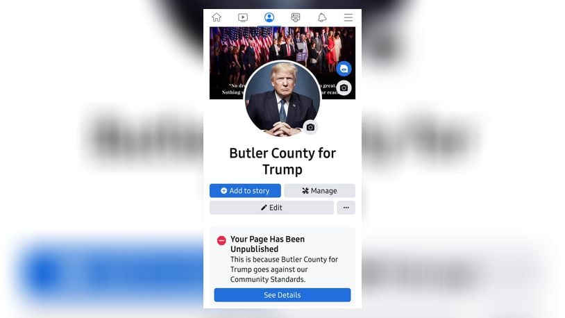 Butler County for Trump Facebook page was deleted for allegedly violating the social media company's Community Standards.
