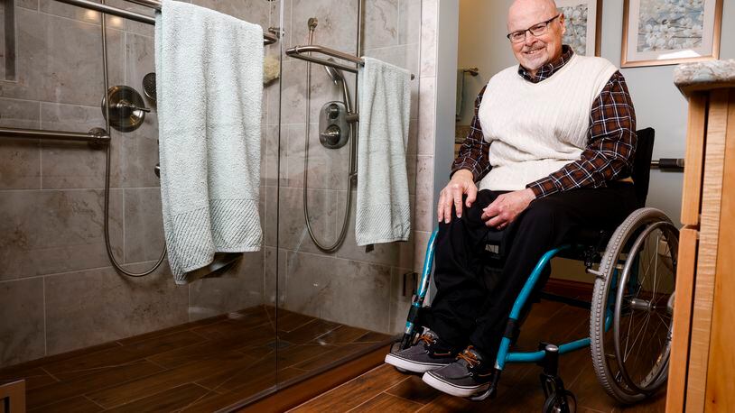 Jim Barone, who got polio as a kid, is now in a wheelchair and has made several modifications to his home to allow mobility throughout the house to help him age in place. A roll in shower, grab bars, wider doors, ramps and more make it easier and safer for him to maneuver around the house. NICK GRAHAM/STAFF