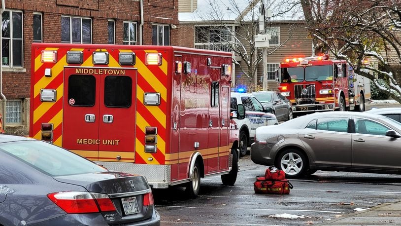 Middletown police and medics were called to the Trinity Place apartments in downtown Middletown about noon on Tuesday, Dec. 1, 2020, for a reported gunshot victim. Police are continuing its investigation. NICK GRAHAM/STAFF