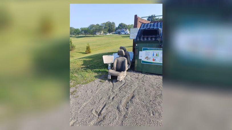 West Chester Twp. is getting rid of their recycling bins because people are using them as dumping grounds for all manner of trash. Pictured here are actual car seats and toilets dumped at Keehner Park. CONTRIBUTED