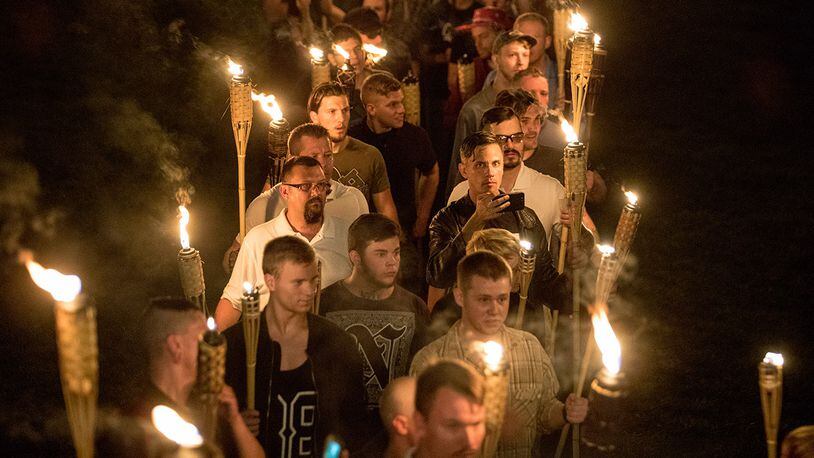 CHARLOTTESVILLE,VA-AUG11:Chanting White lives matter! You will not replace us! and Jews will not replace us! several hundred white nationalists and white supremacists carrying torches marched in a parade. (Photo by Evelyn Hockstein/For The Washington Post via Getty Images)