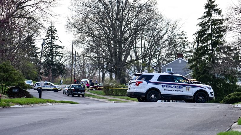 Middletown Division of Police investigate a shooting in the 100 block of Euclid Street Thursday morning, April 2, 2020 in Middletown. Dashauna Brown and Aaron Paige, both of Cleveland, were found deceased inside a white Hyundai with gunshot wounds. Earlier on April 2, 2020, at 12:48 a.m. MPD pulled over the same vehicle with Brown at the intersection of Grand and Marshall and issued a warning for lack of headlights. NICK GRAHAM / STAFF