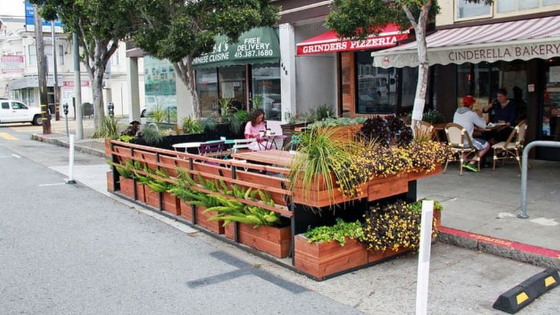 Hamilton is considering using temporary “parklets” like this one in San Francisco along Main Street, which it hopes will become a vibrant entertainment district. SOURCE: SAN FRANCISCO PLANNING DEPARTMENT