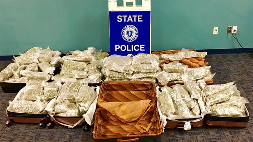 Authorities found 150 pounds of marijuana spread among three suitcases at Logan Airport in Boston.