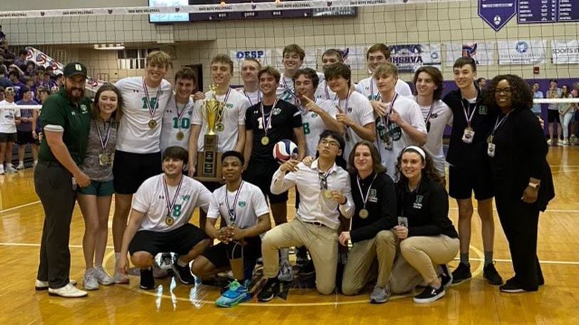 The Badin boys volleyball team poses for a photo after beating Dayton Carroll in the Division II state championship match. CONTRIBUTED