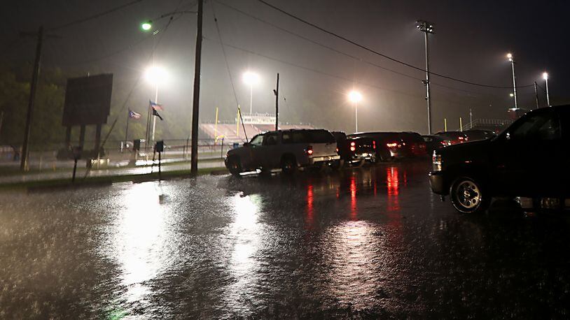 The stadium lights illuminate the rain at Atrium Stadium in Franklin on Friday night. CONTRIBUTED PHOTO BY E.L. HUBBARD