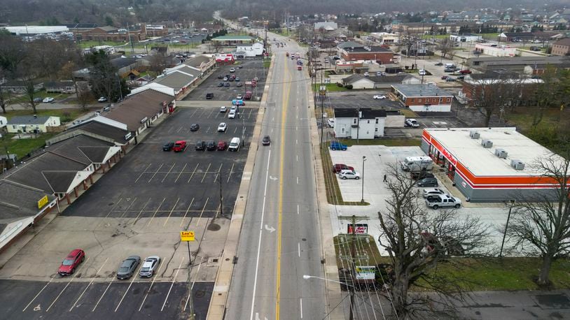 Riegert Square, to the east of Pleasant Avenue (left side of photo), will have the number of curb cuts down from 15 to four, and Fairfield in the next few years will re-stripe Pleasant Avenue in the city's town center. NICK GRAHAM/STAFF