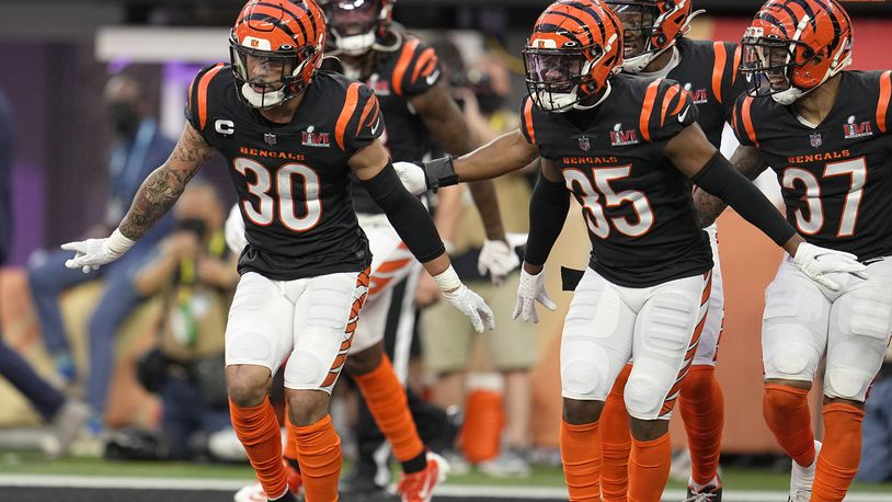 Cincinnati Bengals free safety Jessie Bates III (30) reacts after scoring a touchdown against the Los Angeles Rams during the first half of the NFL Super Bowl 56 football game Sunday, Feb. 13, 2022, in Inglewood, Calif. (AP Photo/Marcio Jose Sanchez)