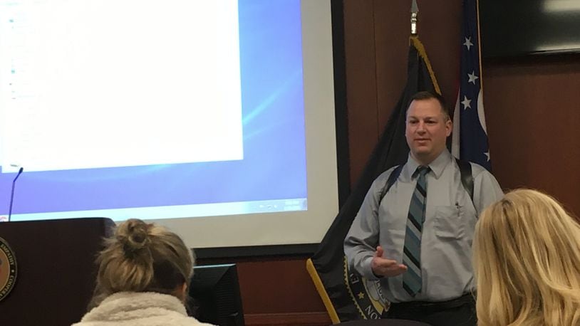 Hamilton Detective Jon Habig talks to the department’s Citizens Police Academy on Jan. 30 at police headquarters on Front Street. LAUREN PACK/STAFF