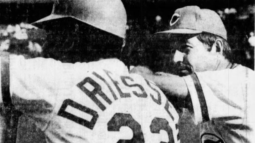 Manager Russ Nixon, right, and Dan Driessen, of the Reds, in 1982. Dayton Daily News photo