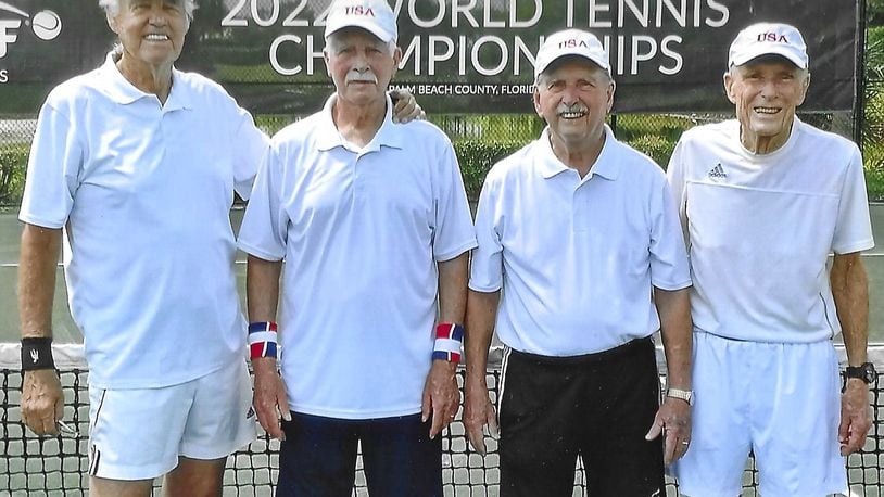 Team winners from the World Tennis Championship are (from left) Herm Ahlers, from Nevada; Jerald Haynes, from Indiana; George McCabe, from Oxford; and King Van Nostrand, from Florida. McCabe, 90, was asked to play with the 85-year-old team in the team event because they were short a player. CONTRIBUTED