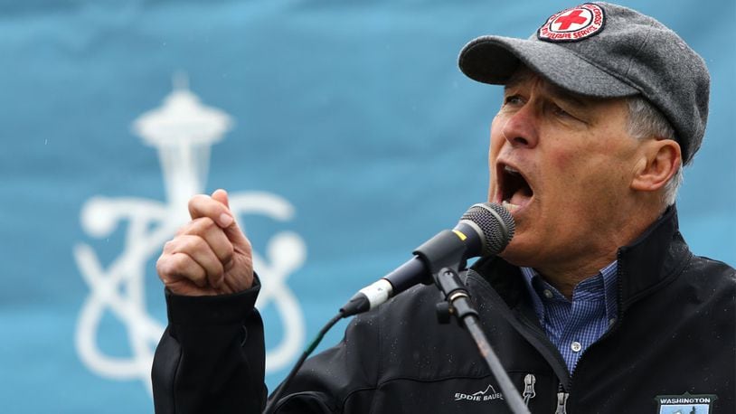 Washington state Governor Jay Inslee speaks at a rally during the March for Science at Cal Anderson Park on April 22, 2017 in Seattle, Washington. Participants were advocating for science that upholds the common good and for political leaders and policy makers to enact evidence based policies in the public interest. Inslee announced his candidacy for President, March 1.