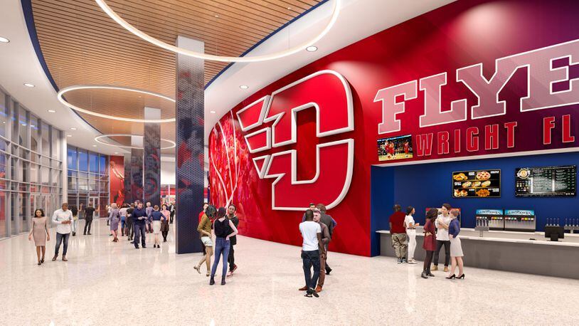 Renderings of proposed renovations to UD Arena. The $72 million in renovations will feature new premier seating, an expanded concourse and changes to the building s exterior. CONTRIBUTED