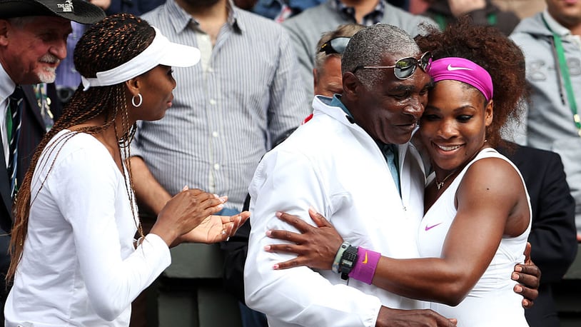 LONDON, ENGLAND - JULY 07:  Serena Williams (R) with her father Richard Williams and sister Venus Williams in 2012. Richard Williams, 75, is seeking a divorce from his second wife, Lakeisha Graham, 38.