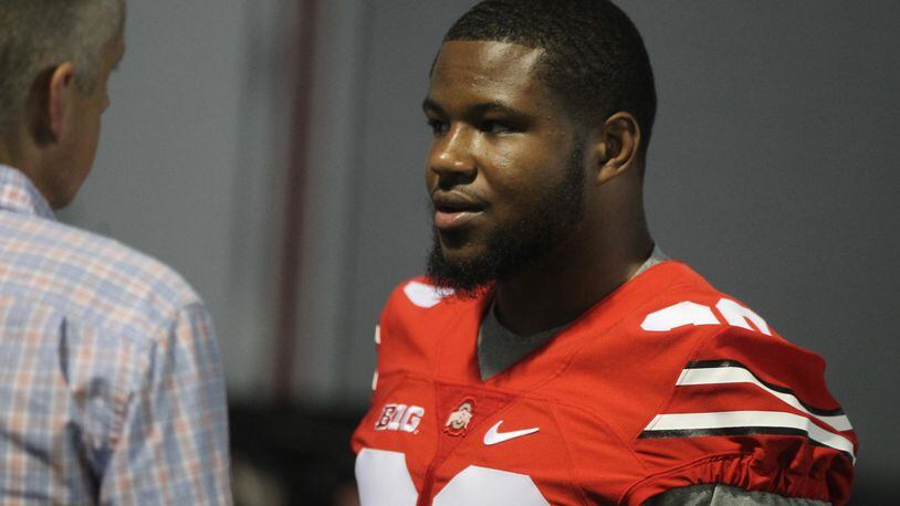 Ohio State’s Mike Weber talks to reporters during Media Day on Sunday, Aug. 14, 2016, at the Woody Hayes Athletic Center in Columbus. David Jablonski/Staff