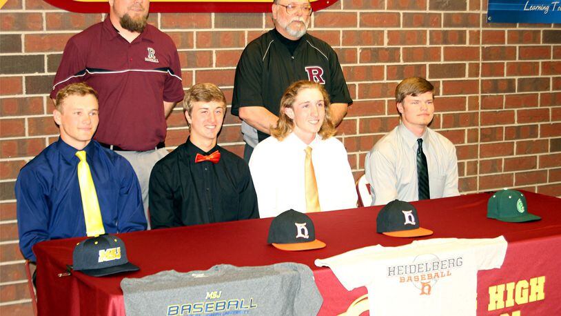 Four Ross High School baseball players recently committed to play at the collegiate level. Picture (from left to right) are Michael Carroll (Mount St. Joseph), Tyler Flick (Heidelberg), Zach Evans (Heidelberg) and Logan Brofft (Wilmington College). Also pictured are head coach Jason Rettinger (left) and assistant Jay Lytle. SUBMITTED PHOTO