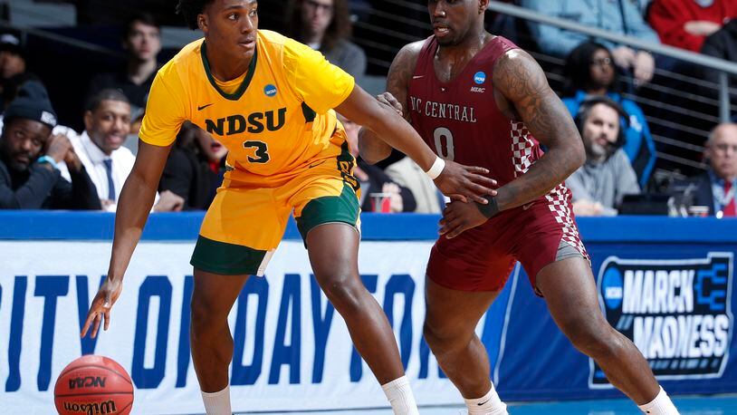 DAYTON, OHIO - MARCH 20: Tyree Eady #3 of the North Dakota State Bison dribbles against Larry McKnight Jr. #0 of the North Carolina Central Eagles during the first half in the 2019 NCAA Men’s Basketball Tournament First Four game at UD Arena on March 20, 2019 in Dayton, Ohio. (Photo by Joe Robbins/Getty Images)