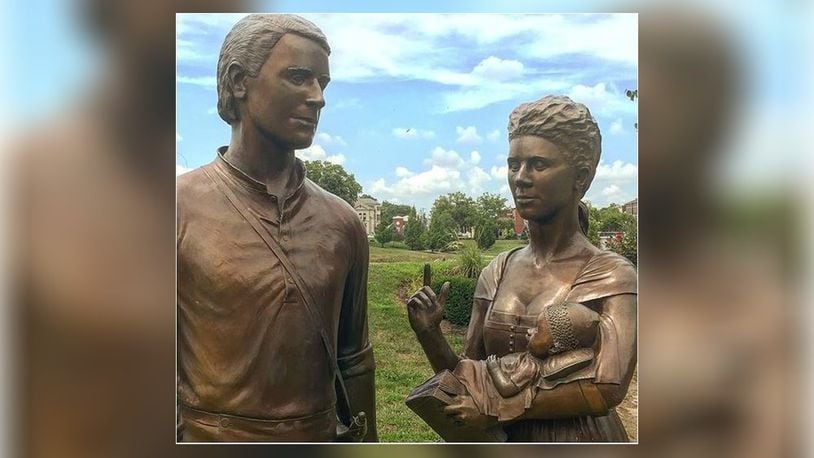 This sculpture of a pioneer family recently returned to Hamilton’s riverfront after repair work. PROVIDED