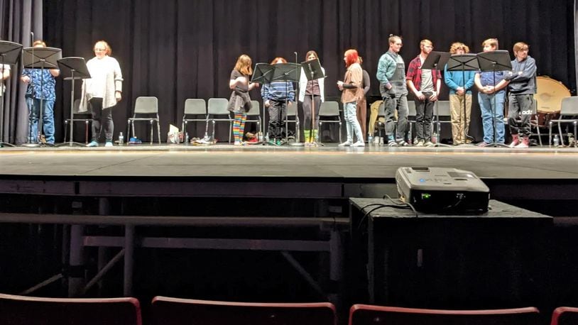 Joel Brown, theater manager for Madison High School, says the student-performed podcast of “In the Forests of the Night,” was a first for the school. “The entire production (pictured) was rehearsed and recorded in front of a live audience in only three days … using a fast-paced approach,” says Brown. (Provided Photo\Journal-News)
