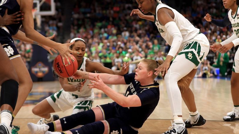 TAMPA, FLORIDA - APRIL 07:  Abby Prohaska #12 of the Notre Dame Fighting Irish attempts to pass the ball to teammate Mikayla Vaughn #30 against the Baylor Lady Bears during the second quarter in the championship game of the 2019 NCAA Women's Final Four at Amalie Arena on April 07, 2019 in Tampa, Florida. (Photo by Mike Ehrmann/Getty Images)