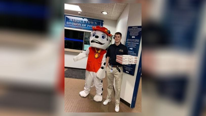 Skateway in Middletown has started using costume characters to deliver pizzas after Ohio Gov. Mike DeWine closed all entertainment venues to reduce the spread of the coronavirus. Last week, a delivery was made to the Middletown Division of Police. SUBMITTED PHOTO